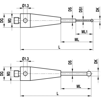 Kulka rubinowa M3 o śr. 1 mm, trzon z węglika wolframu, dł. 14 mm, efektywna długość robocza 5 mm, do zastosowań Zeiss