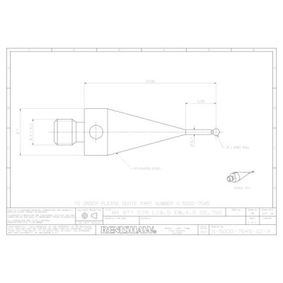 Kulka rubinowa M4, trzon ze stali nierdzewnej, śr. 1 mm, dł. 19,5 mm, efektywna długość robocza 4,5 mm