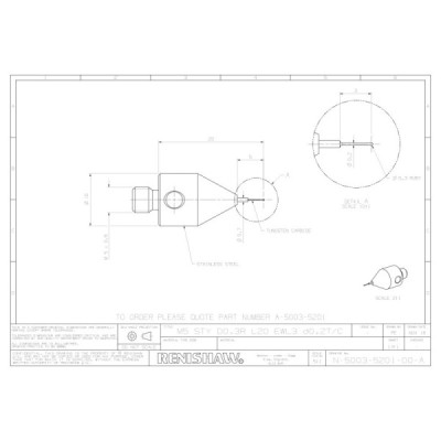 Kulka rubinowa M5, trzon z węglika wolframu, śr. 0,3 mm, dł. 20 mm, efektywna długość robocza 3 mm